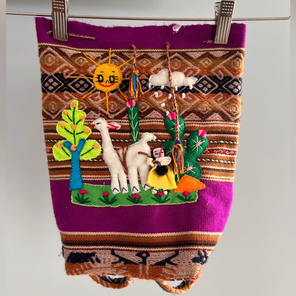 Vintage Handmade Peruvian Arpillera Mini Backpack Llama and Cactus Design